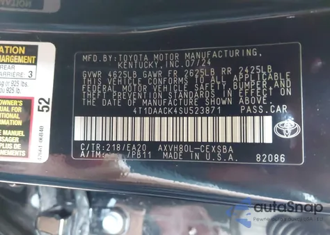 2025 Toyota Camry Se z USA, uszkodzony, nr VIN 4T1DAACK4SU523871